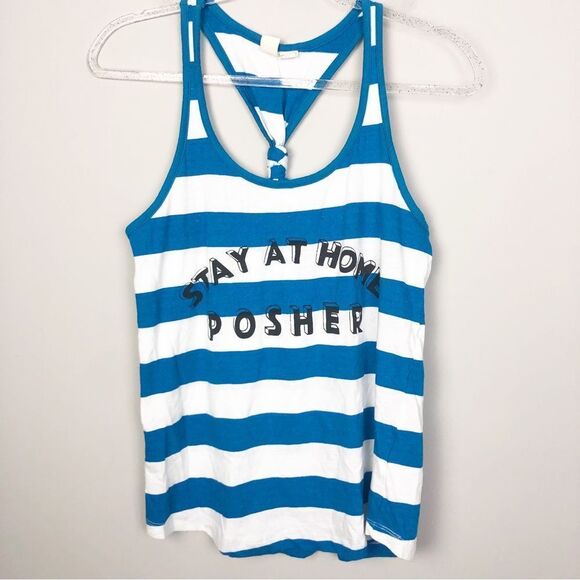 STAY AT HOME POSHER Blue & White Striped Knot Back Tank Top Women’s Size Large - Picture 1 of 6